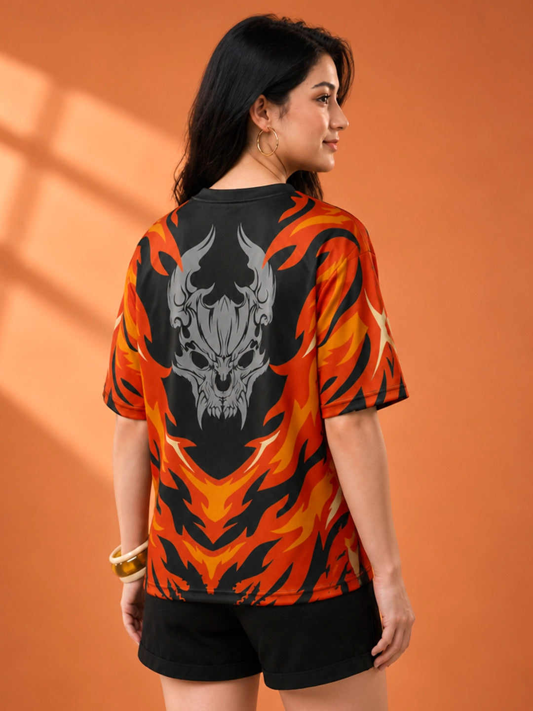 Leotude Women's Black Flame Demon Printed T-Shirt