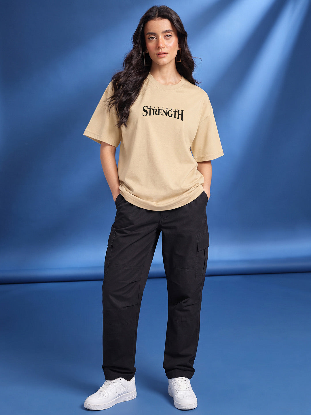 Leotude Women "Limitless Strength" Beige Oversized T-Shirt