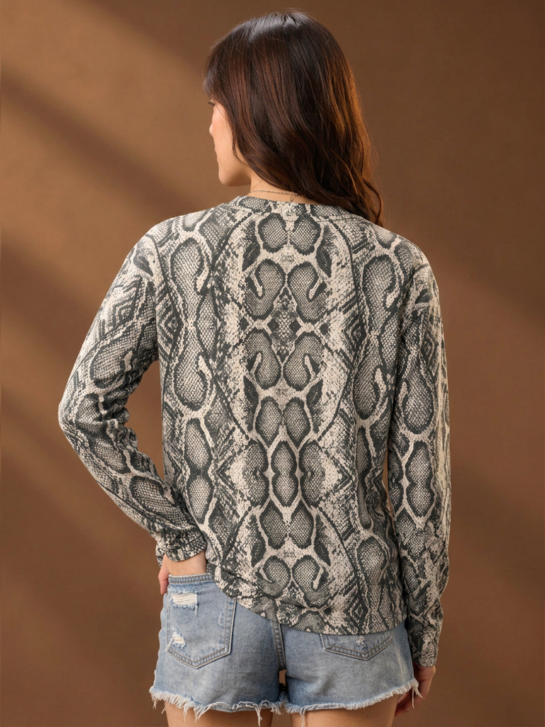 Leotude Women's Grey Snakeskin Print Oversized Full Sleeve T-Shirt