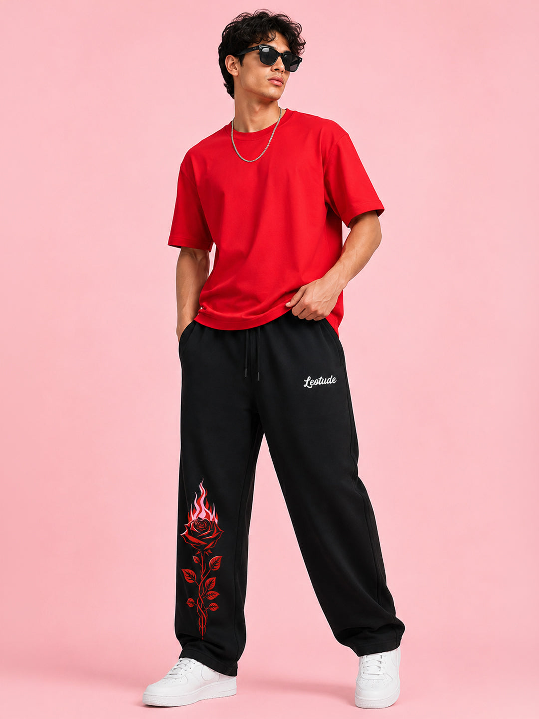 Leotude Men's Black Flame Rose Premium Trackpants