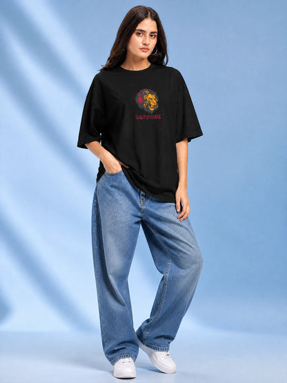 Leotude Black DJ Leo Printed Oversized Tshirt for Women
