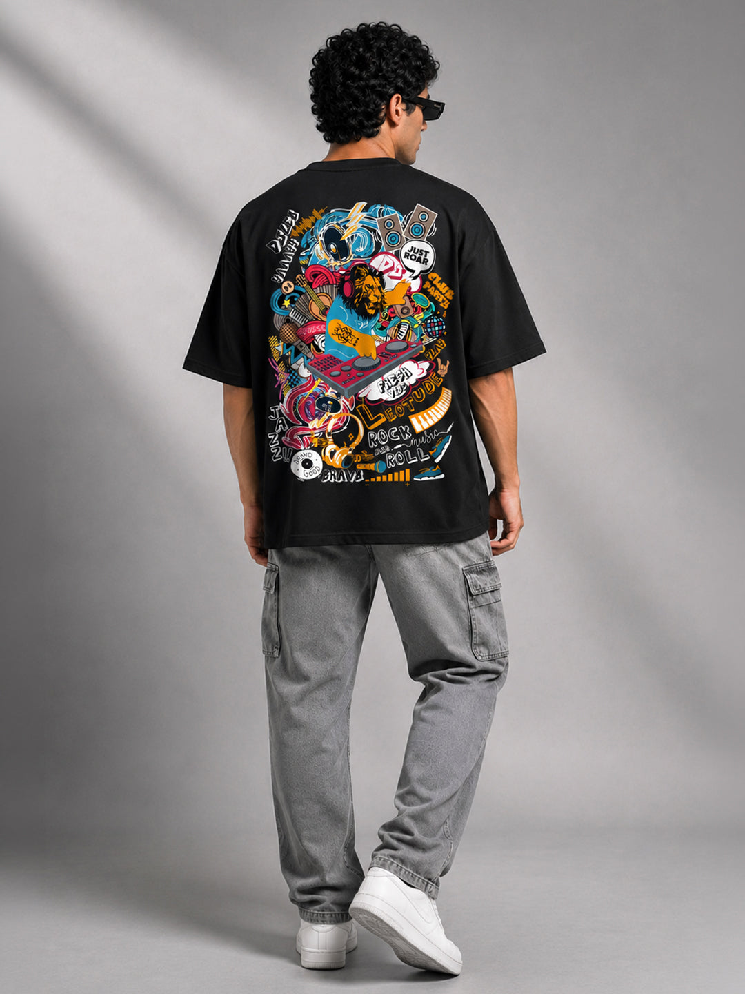 Leotude Black DJ Leo Printed Oversized Tshirt for Men