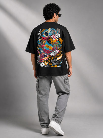 Leotude Black DJ Leo Printed Oversized Tshirt for Men