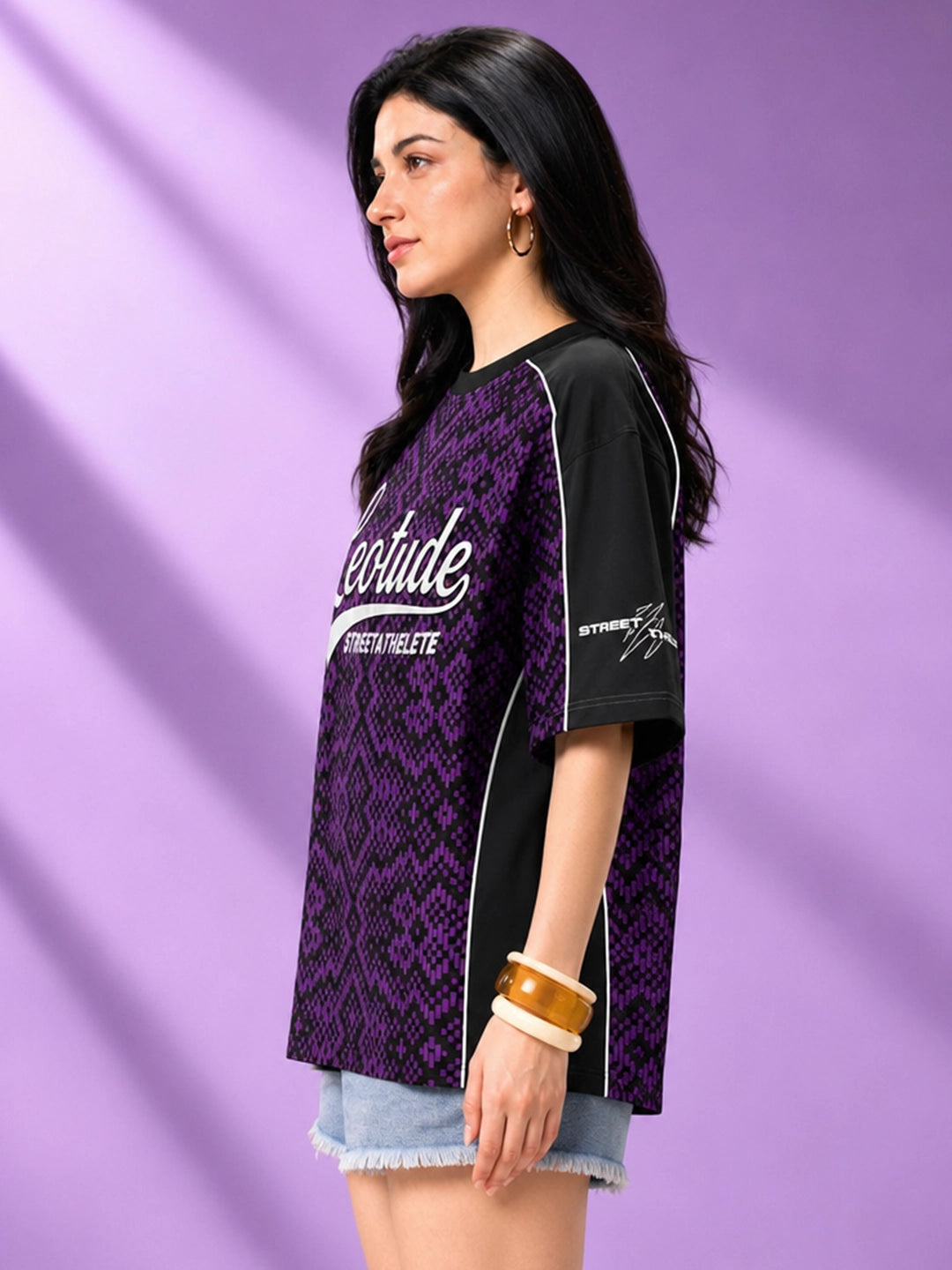 Leotude Women's Purple Street Athlete Printed T-Shirt