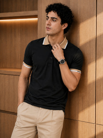 Leotude Men's Black Beige Contrast Tipped Polo T-Shirt