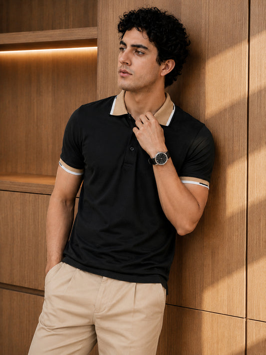 Leotude Men's Black Beige Contrast Tipped Polo T-Shirt