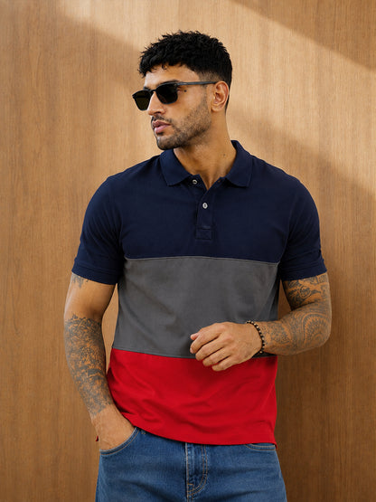 Leotude Men's Navy Grey Red Colour Block Polo T-Shirt