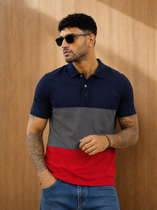 Leotude Men's Navy Grey Red Colour Block Polo T-Shirt