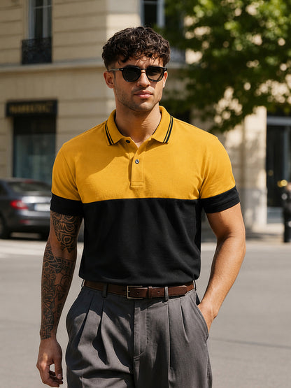 Leotude Men's Mustard Colour Block Polo T-Shirt