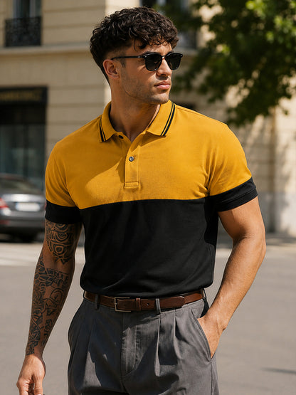 Leotude Men's Mustard Colour Block Polo T-Shirt