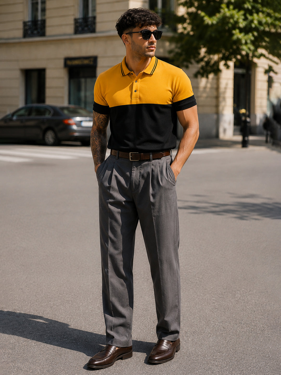 Leotude Men's Mustard Colour Block Polo T-Shirt