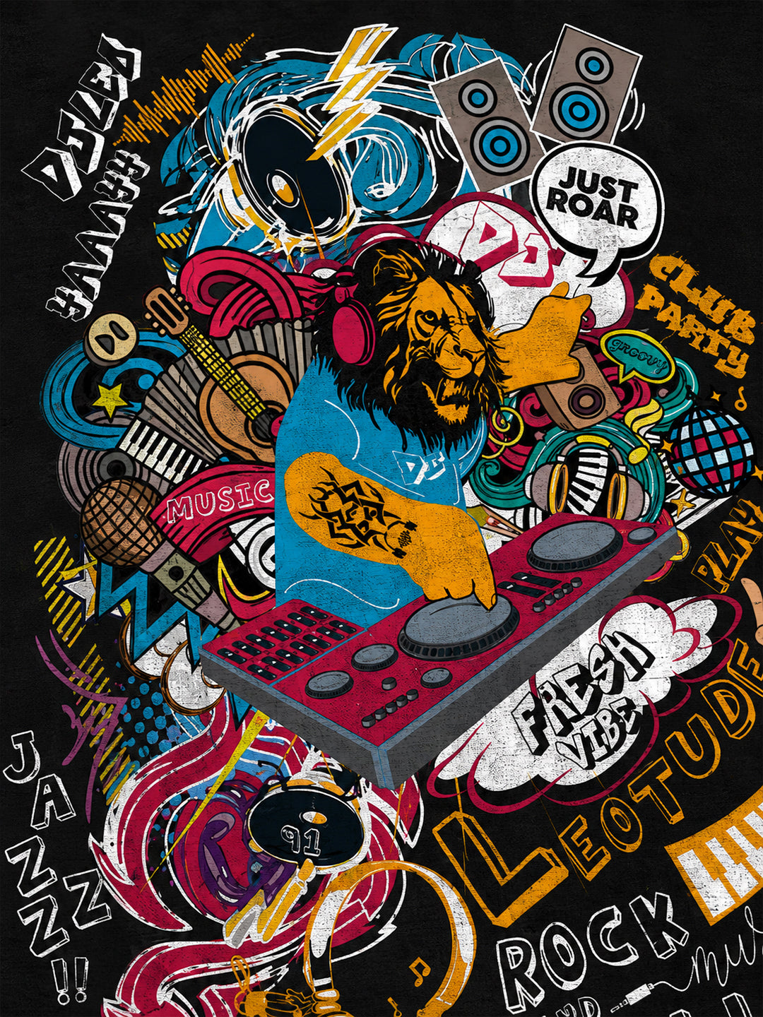 Leotude Black DJ Leo Printed Oversized Tshirt for Men