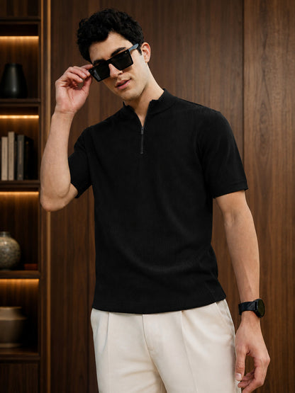 Leotude Men's Black Ribbed Half Zip Polo T-Shirt