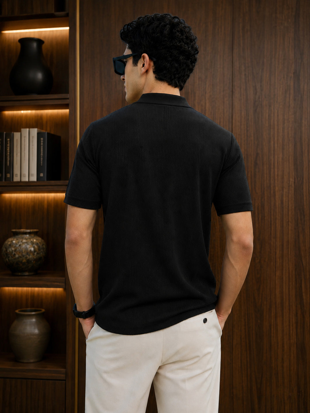 Leotude Men's Black Ribbed Half Zip Polo T-Shirt