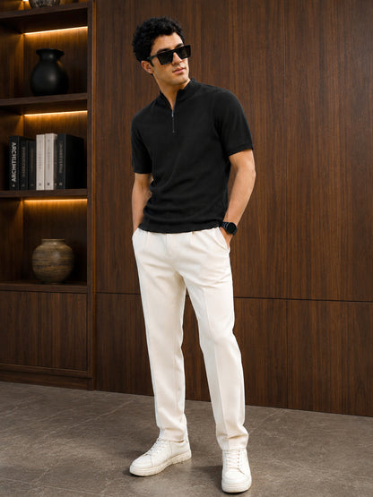 Leotude Men's Black Ribbed Half Zip Polo T-Shirt
