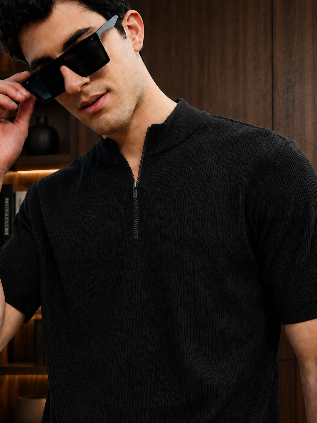 Leotude Men's Black Ribbed Half Zip Polo T-Shirt