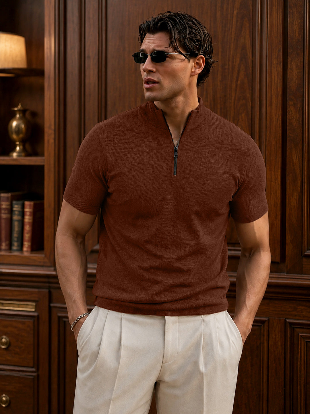 Leotude Men's Rust Brown Textured Half Zip Polo T-Shirt