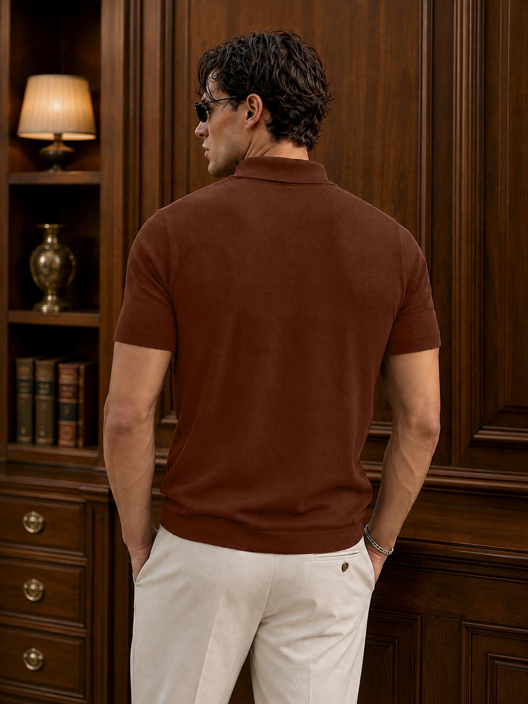 Leotude Men's Rust Brown Textured Half Zip Polo T-Shirt