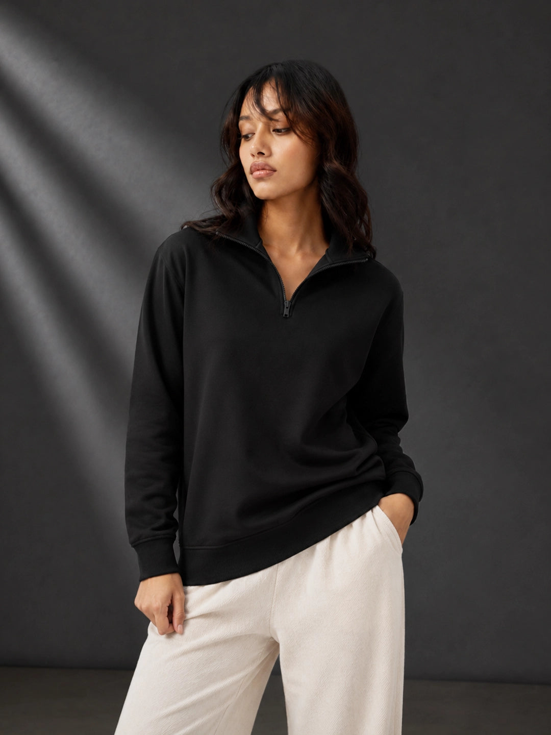 Leotude Women's Solid Black Half-Zip High Neck Sweatshirt