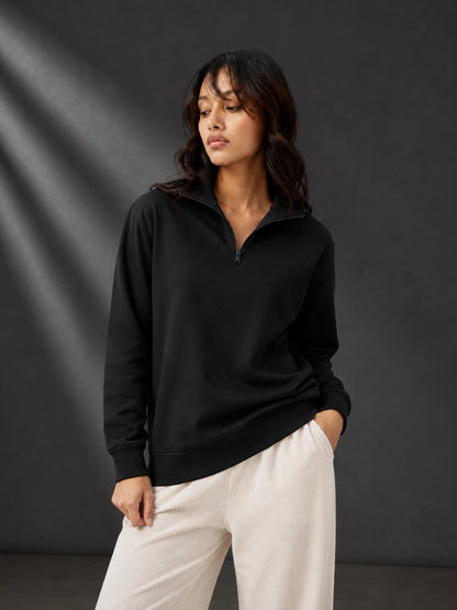 Leotude Women's Solid Black Half-Zip High Neck Sweatshirt