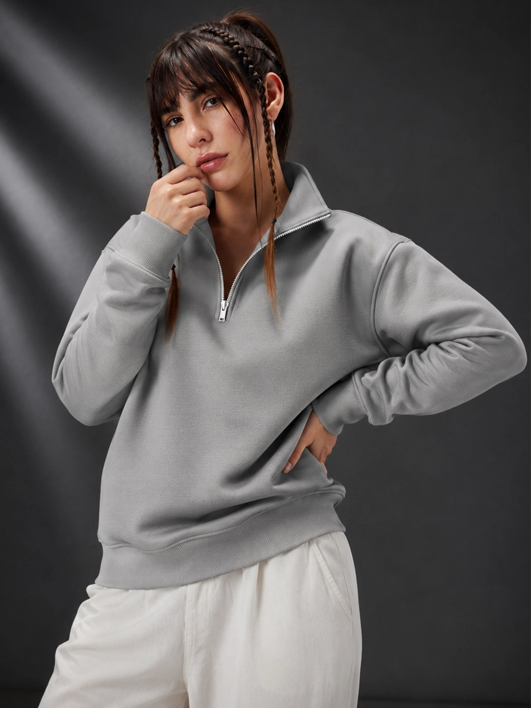 Leotude Women's Solid Grey Half-Zip High Neck Sweatshirt