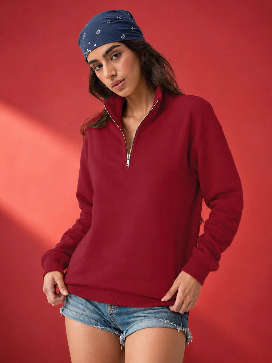 Leotude Women's Solid Maroon Half-Zip High Neck Sweatshirt