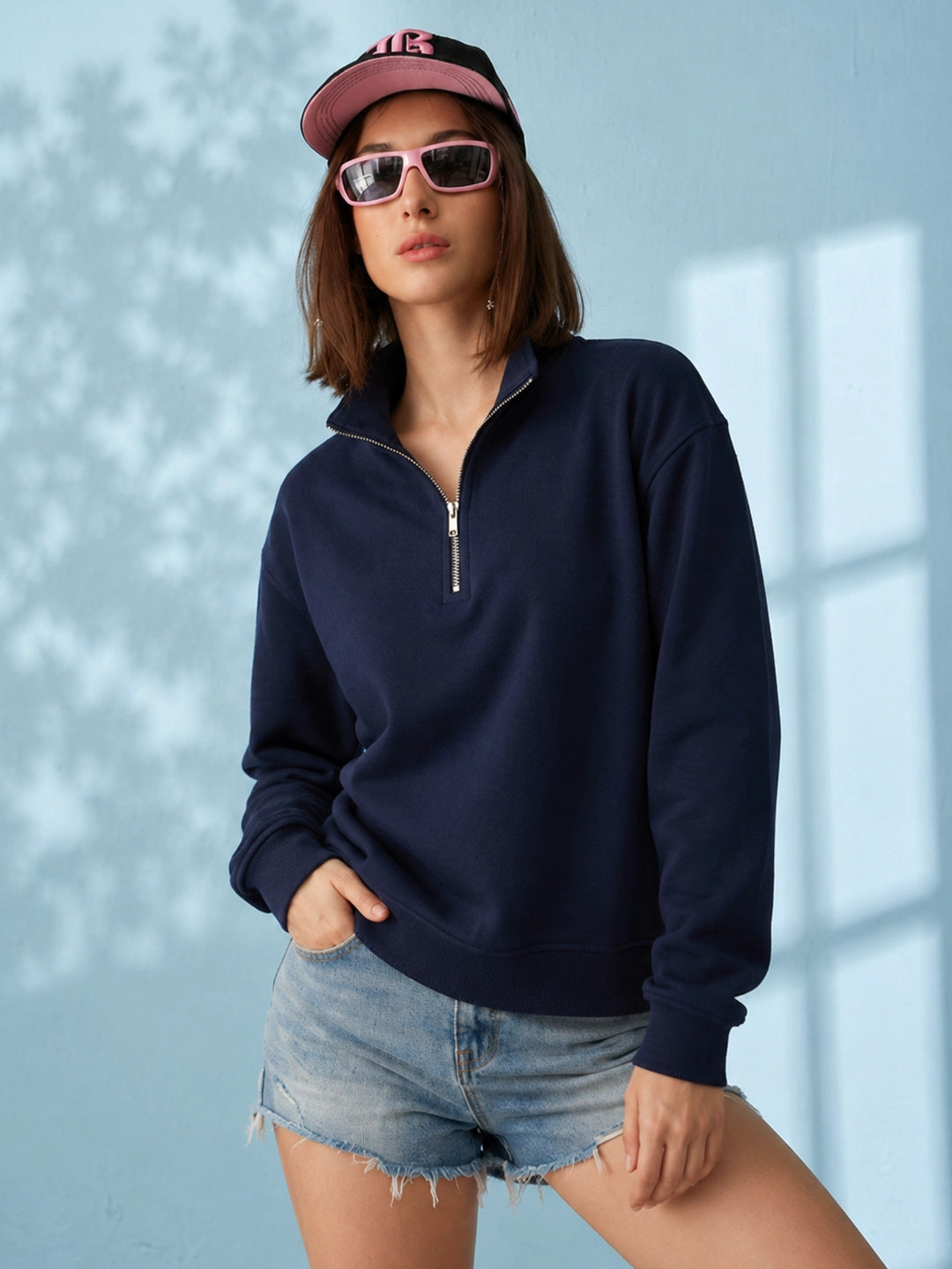 Leotude Women's Solid Navy Blue Half-Zip High Neck Sweatshirt