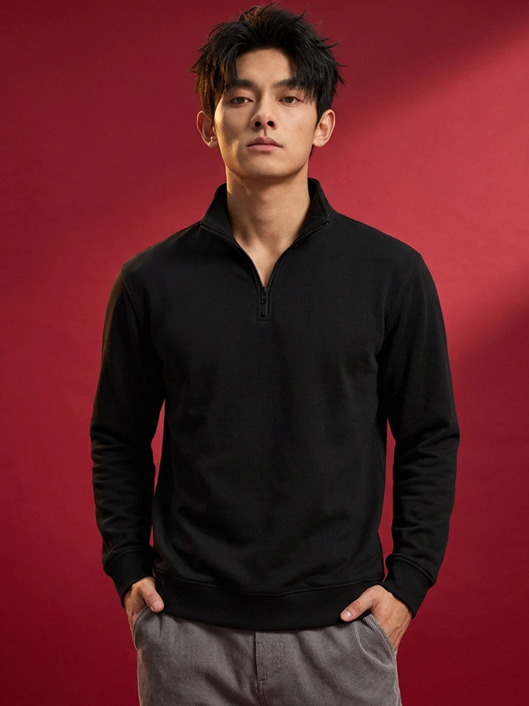 Leotude Black High Neck Half Zipper Sweatshirt for Men