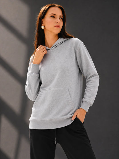 Leotude Women's Grey Melange Solid Hooded Sweatshirt