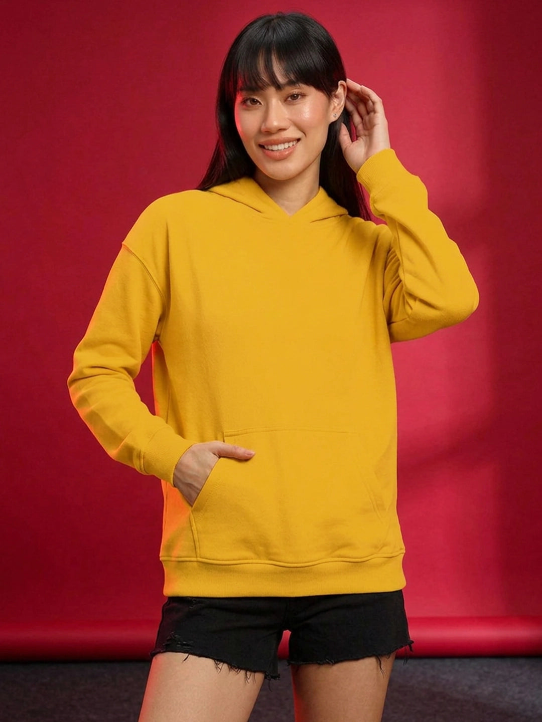 Leotude Women's Mustard Yellow Solid Hooded Sweatshirt
