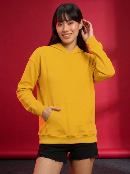 Leotude Women's Mustard Yellow Solid Hooded Sweatshirt