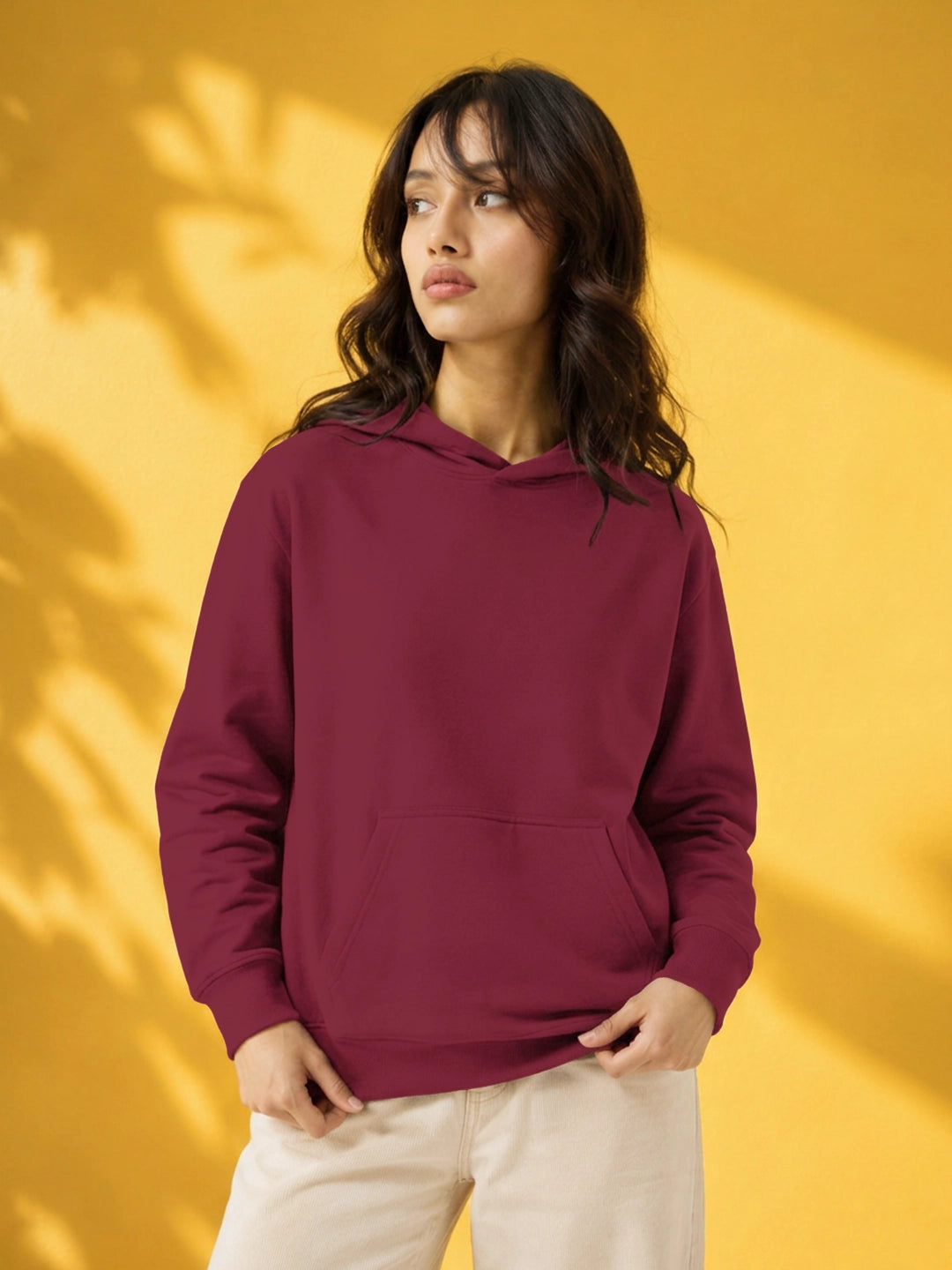Leotude Women's Maroon Solid Hooded Sweatshirt