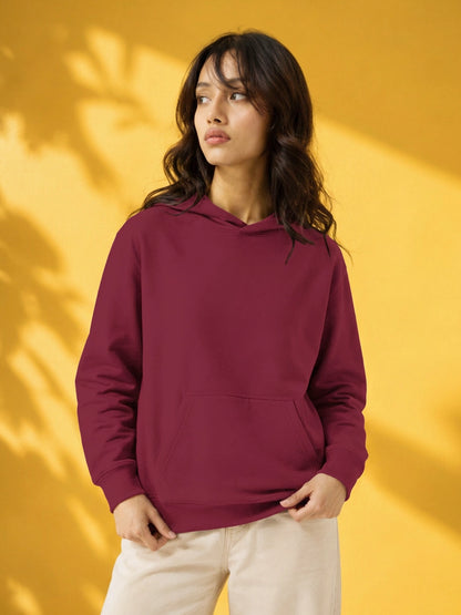 Leotude Women's Maroon Solid Hooded Sweatshirt