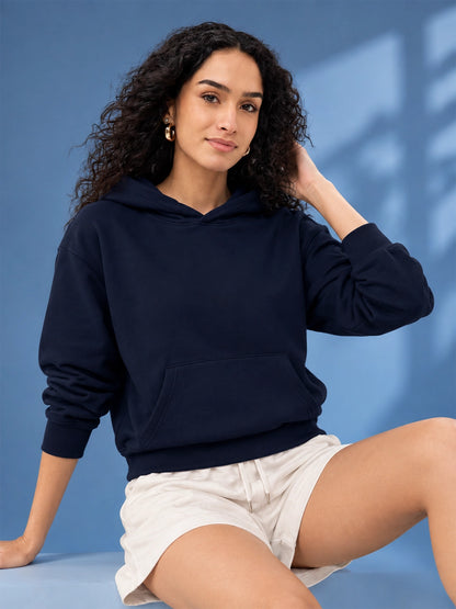 Leotude Women's Navy Blue Solid Hooded Sweatshirt