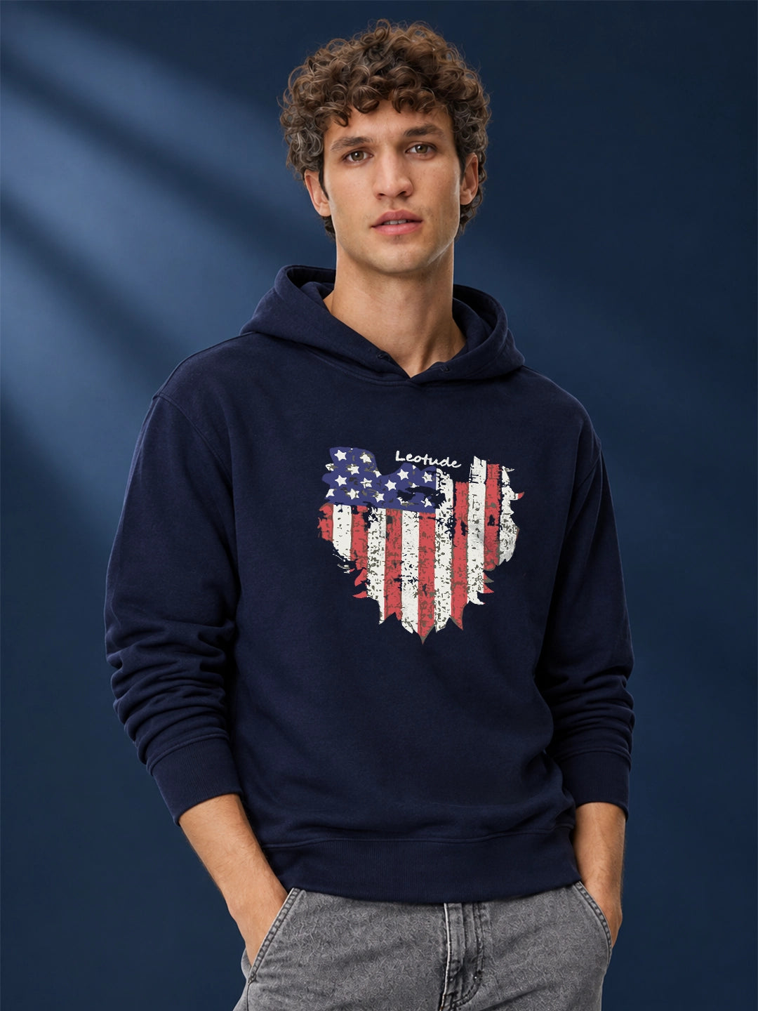 Leotude Navy Blue American Flag Graphic Printed Hooded Sweatshirt for Men