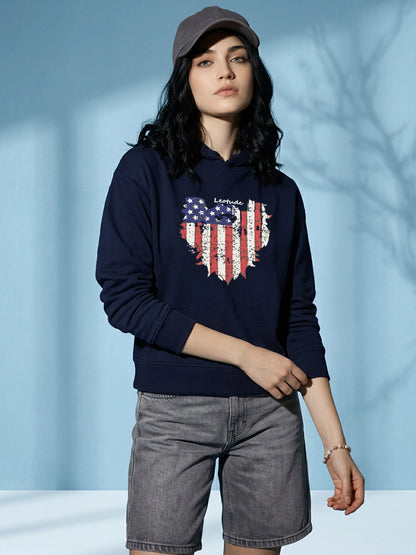 Leotude Women's Navy Blue American Flag Printed Hooded Sweatshirt