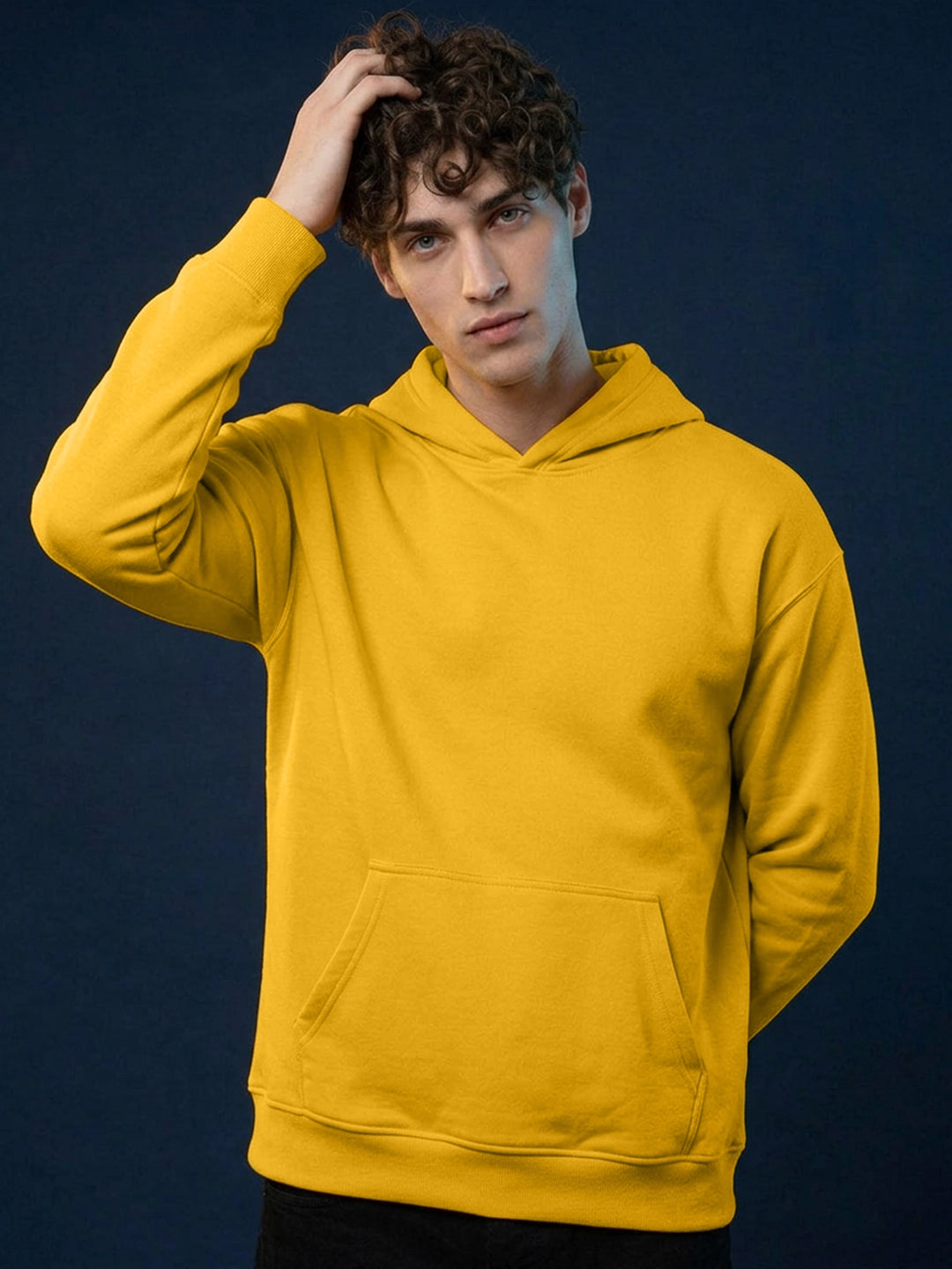 Leotude Mustard Yellow Solid Hooded Sweatshirt for Men