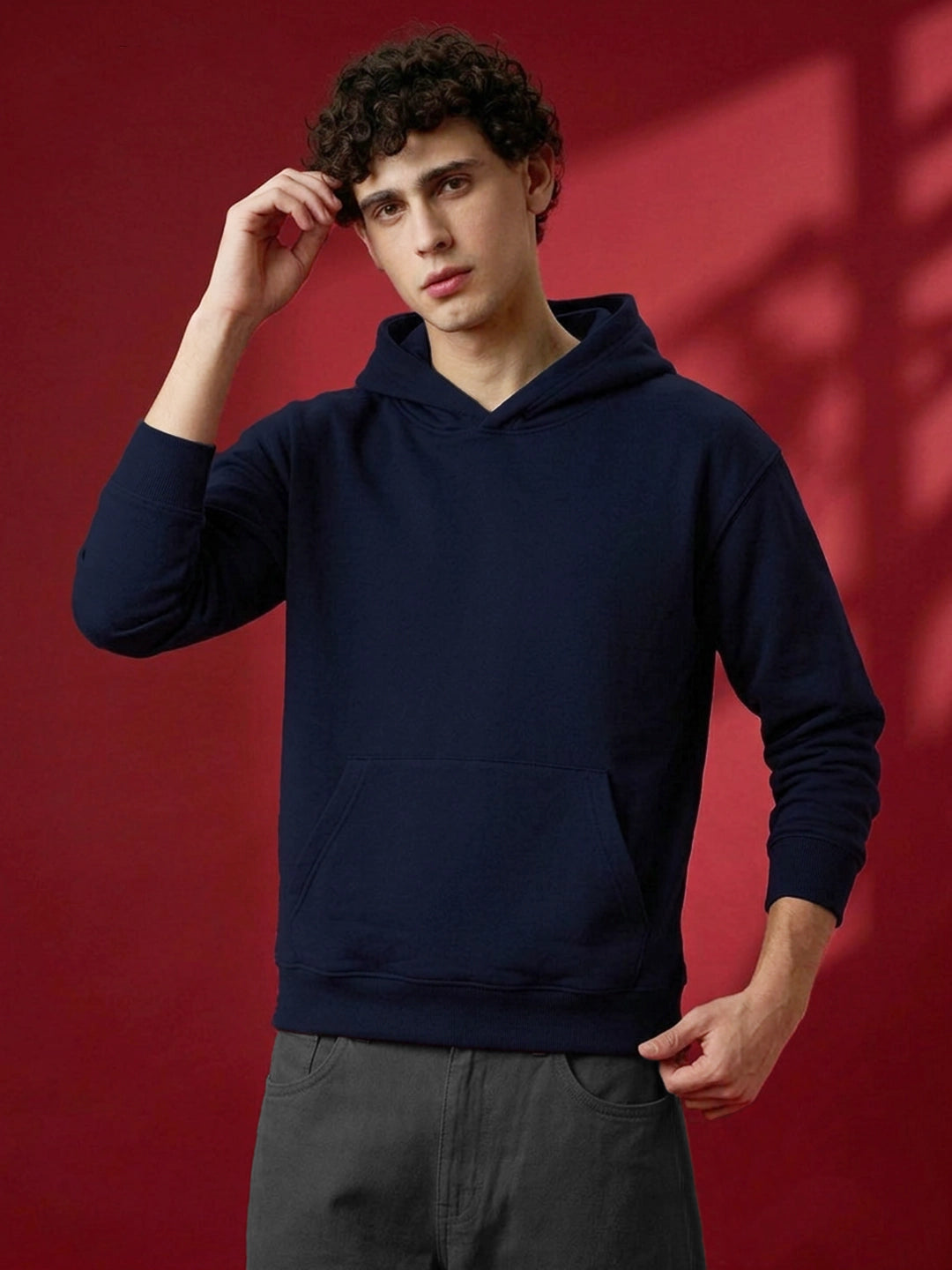 Leotude Navy Blue Solid Hooded Sweatshirt for Men