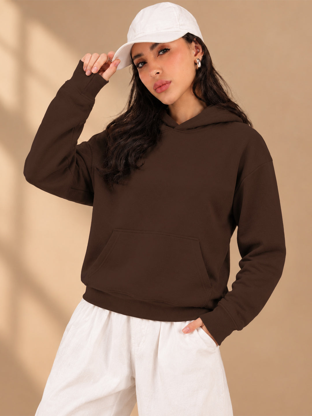 Leotude Women's Brown Solid Hooded Sweatshirt