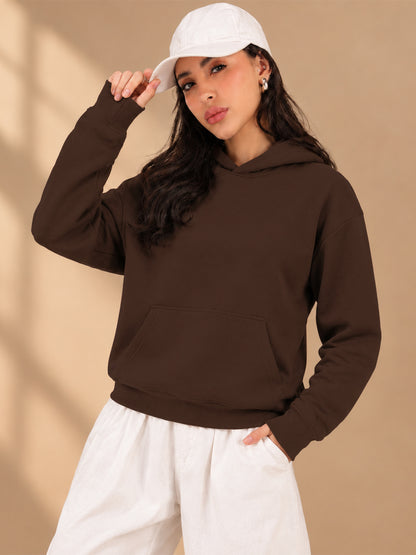 Leotude Women's Brown Solid Hooded Sweatshirt