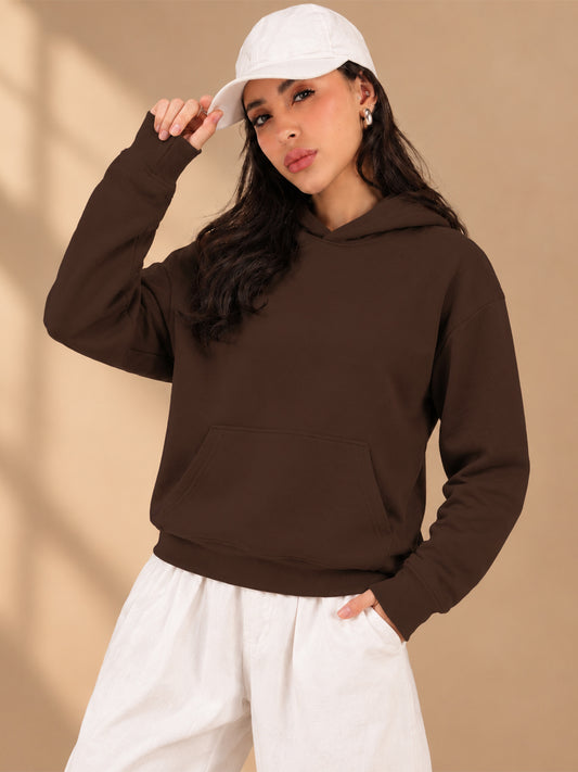 Leotude Women's Brown Solid Hooded Sweatshirt