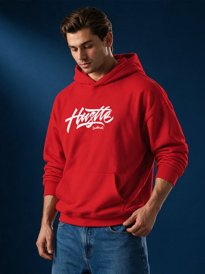 Leotude Red Hustle Typography Printed Hooded Sweatshirt for Men