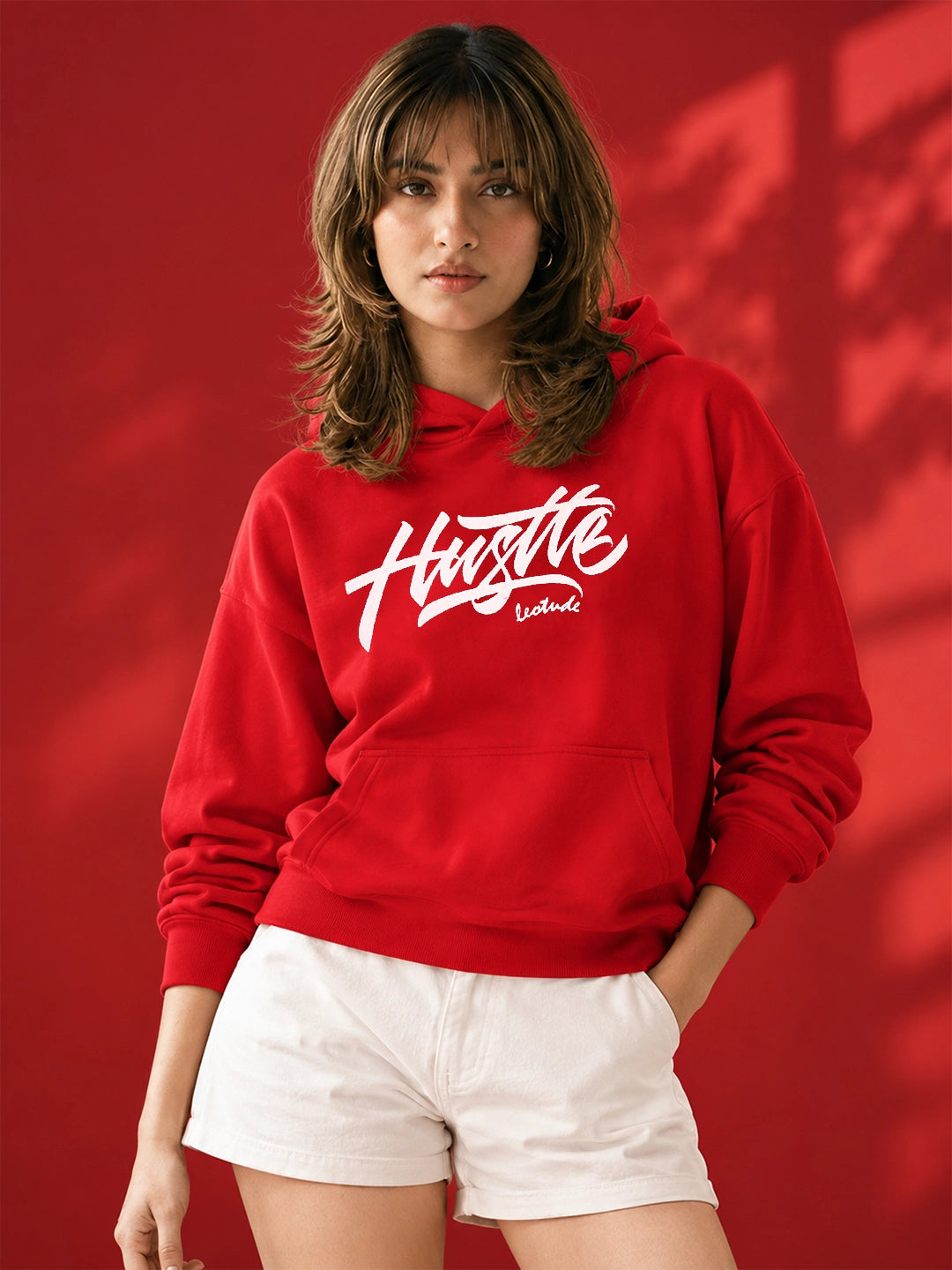Leotude Women's Red Hustle Printed Hooded Sweatshirt