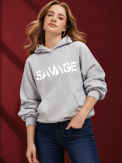 Leotude Women's Grey Melange Savage Printed Hooded Sweatshirt