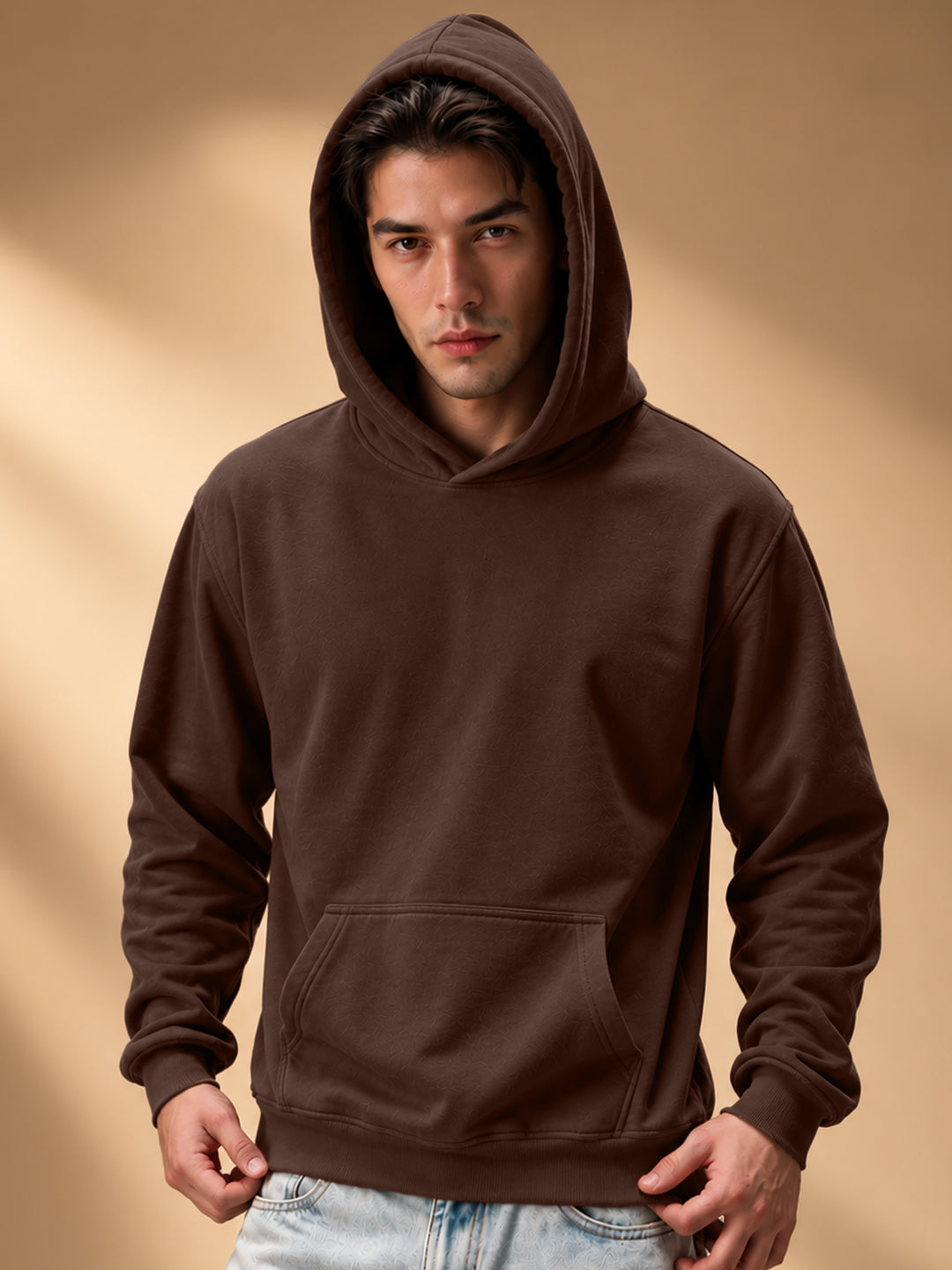 Leotude Men's Brown Solid Hooded Sweatshirt