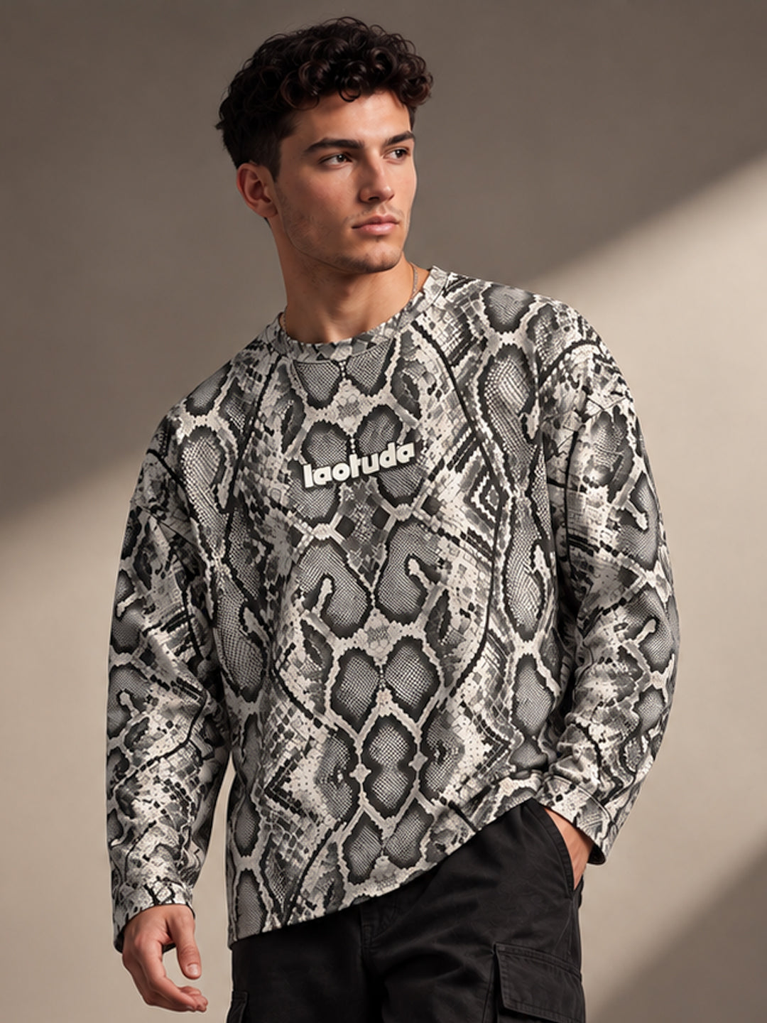 Leotude Men's Grey Snakeskin Print Oversized Full Sleeve T-Shirt