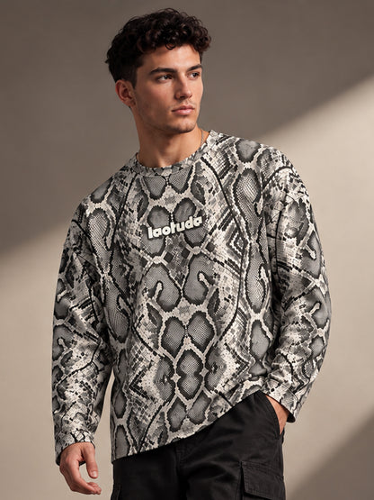 Leotude Men's Grey Snakeskin Print Oversized Full Sleeve T-Shirt