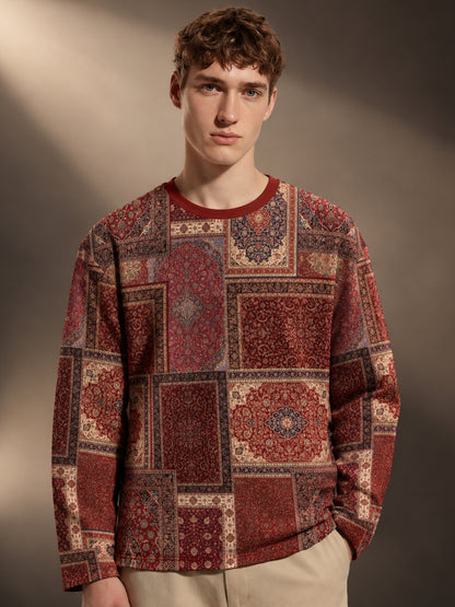 Leotude Men's Maroon Persian Patchwork Print Oversized Full Sleeve T-Shirt