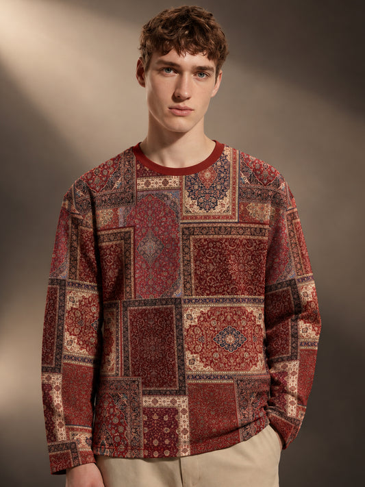 Leotude Men's Maroon Persian Patchwork Print Oversized Full Sleeve T-Shirt