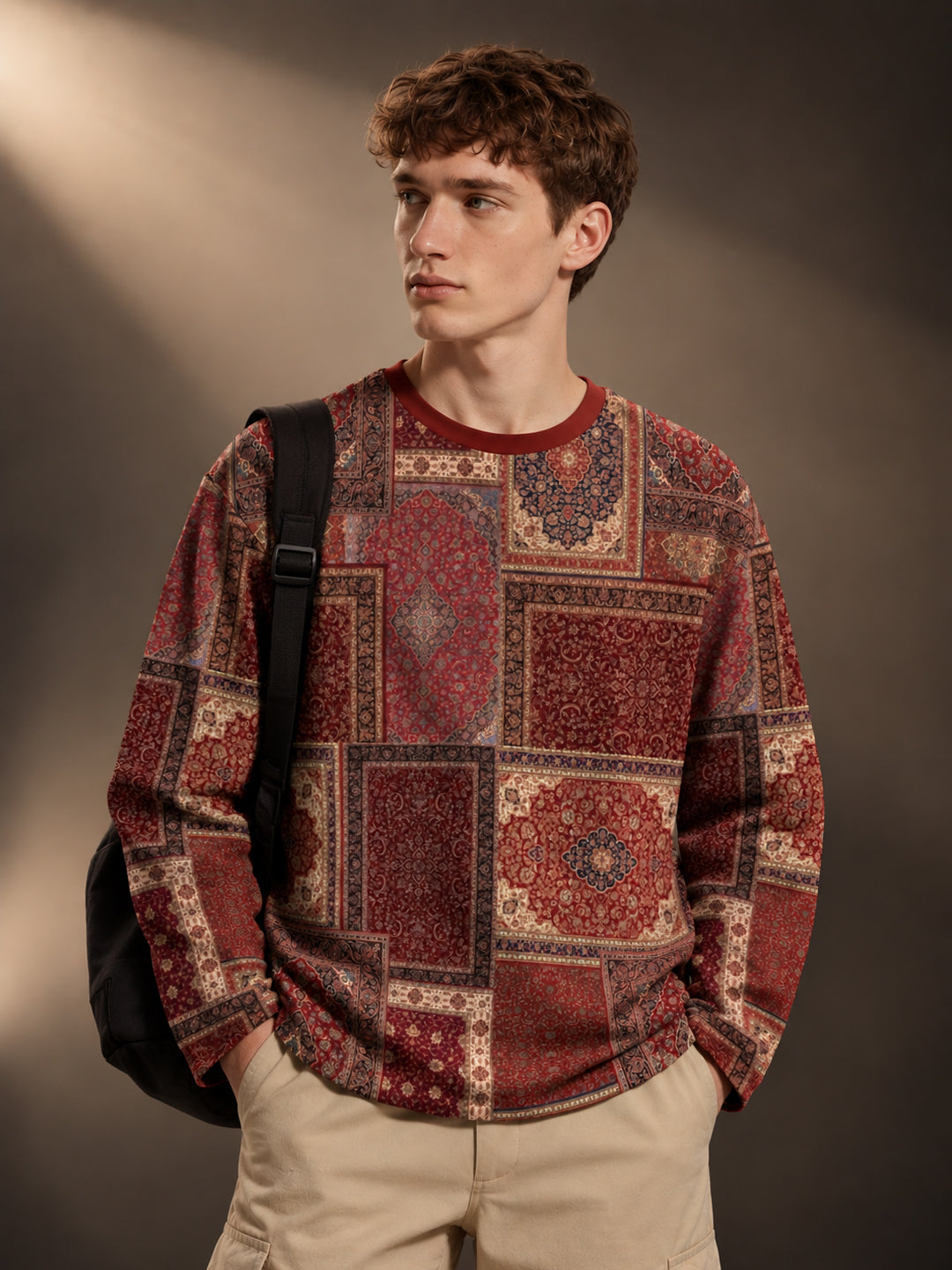 Leotude Men's Maroon Persian Patchwork Print Oversized Full Sleeve T-Shirt